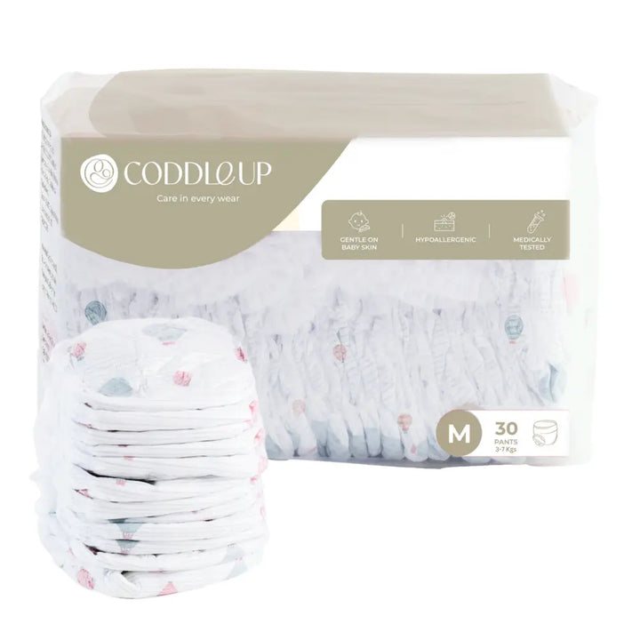 CODDLE UP Baby Pull-Up Diapers, Ultra Soft, Hypoallergenic, Breathable &amp; Leak-Proof - Medium (3–7 kg), 30 Count
