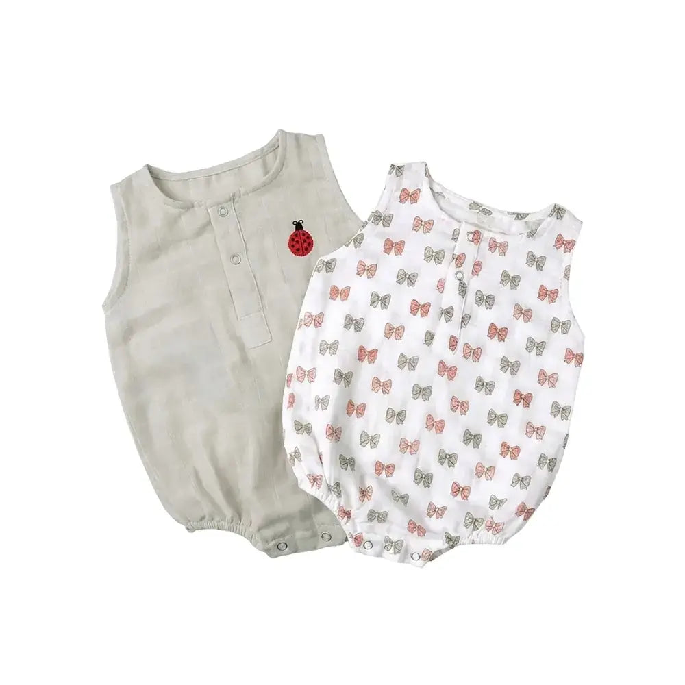 The White Cradle Organic Cotton Baby Romper for Newborn Baby Boy &amp; Girl | Pack of 2 Gray Bow with Beetle Infant Rompers | Snap Button Crotch for Easy Diaper Change | Soft Summer Baby Outfit