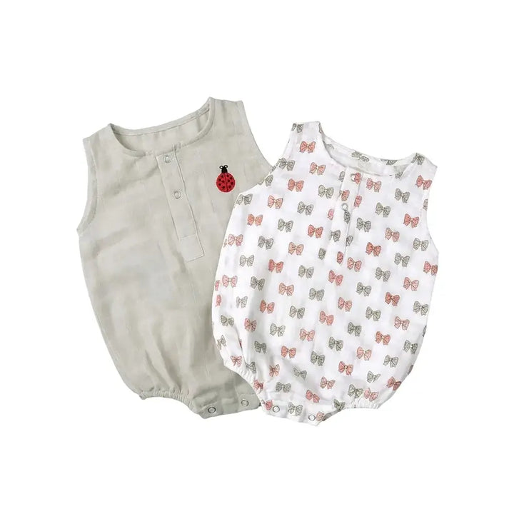The White Cradle Organic Cotton Baby Romper for Newborn Baby Boy &amp; Girl | Pack of 2 Gray Bow with Beetle Infant Rompers | Snap Button Crotch for Easy Diaper Change | Soft Summer Baby Outfit