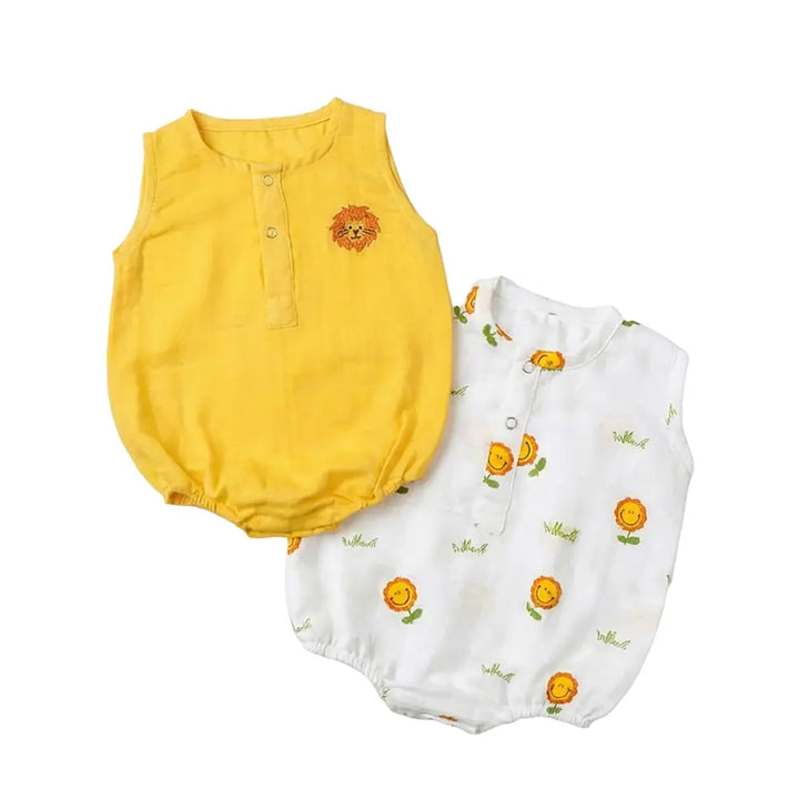 The White Cradle Organic Cotton Baby Romper for Newborn Baby Boy &amp; Girl | Pack of 2 Sunflower with Yellow Lion Infant Rompers | Snap Button Crotch for Easy Diaper Change | Soft Summer Baby Outfit