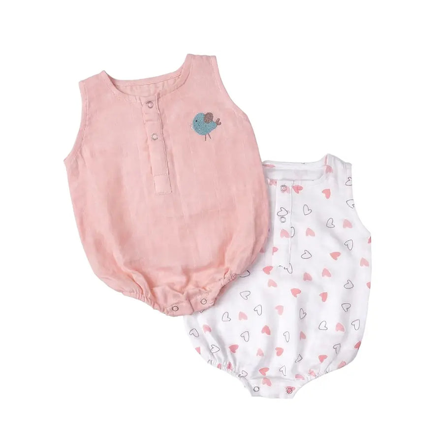 The White Cradle Organic Cotton Baby Romper for Newborn Baby Boy & Girl | Pack of 2 Pink Heart with Peach Bird Infant Rompers | Snap Button Crotch for Easy Diaper Change | Soft Summer Baby Outfit