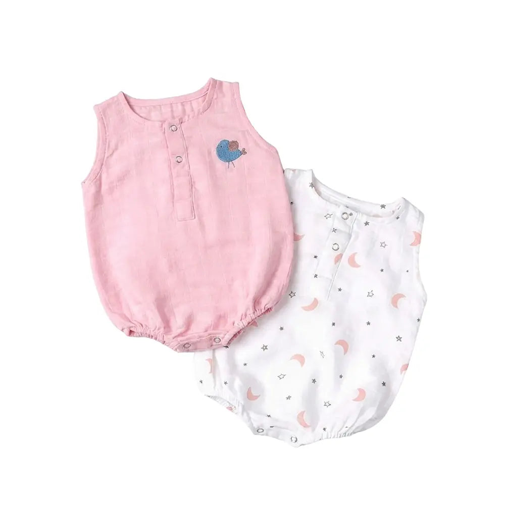 The White Cradle Organic Cotton Baby Romper for Newborn Baby Boy &amp; Girl | Pack of 2 Pink Moon with Pink Bird Infant Rompers | Snap Button Crotch for Easy Diaper Change | Soft Summer Baby Outfit