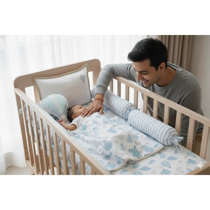 Masilo Organic Muslin Cot Bedding Set – Up, Up &amp; Away (Blue)
