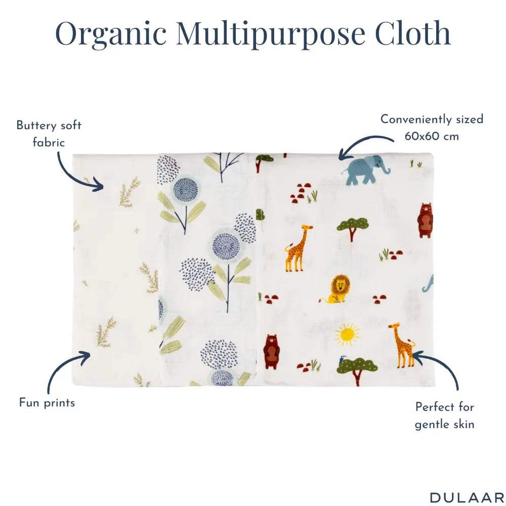 Dulaar Organic Muslin Multipurpose Cloth (Set of 3) (0 - 12months)