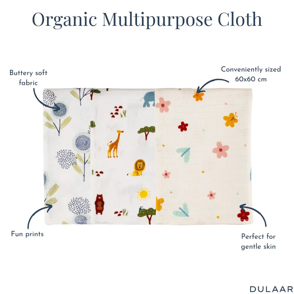 Dulaar Organic Muslin Multipurpose Cloth (Set of 3) (0 - 12months)