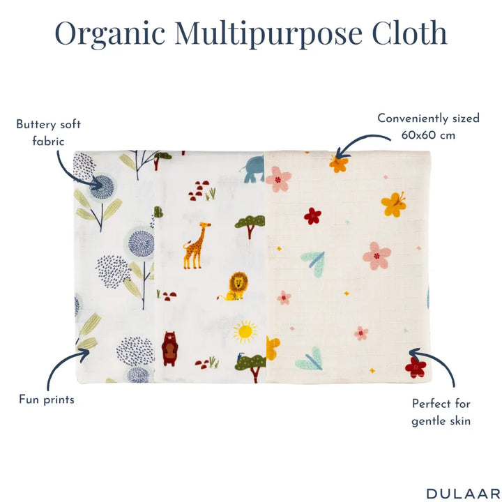 Dulaar Organic Muslin Multipurpose Cloth (Set of 3) (0 - 12months)
