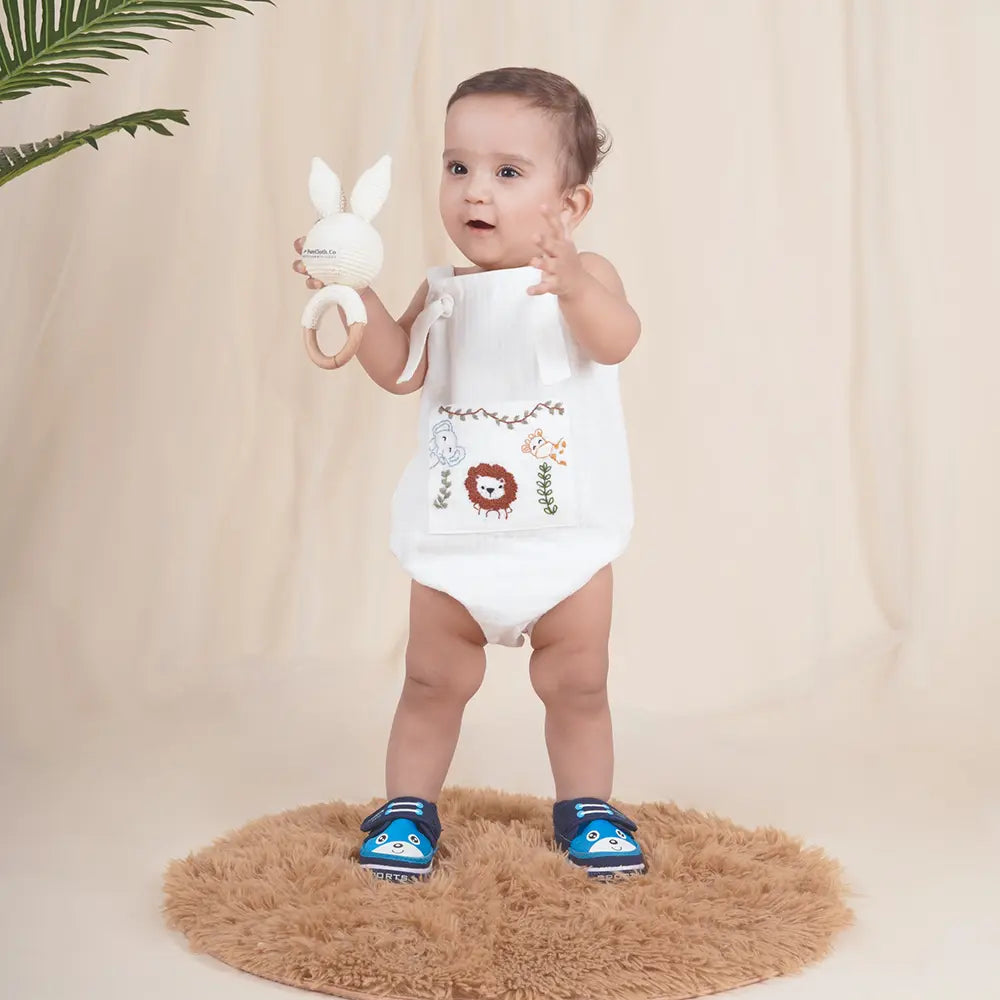 Purecloth Jungle Pals Playsuit | Cotton Muslin Baby Romper - Off-White