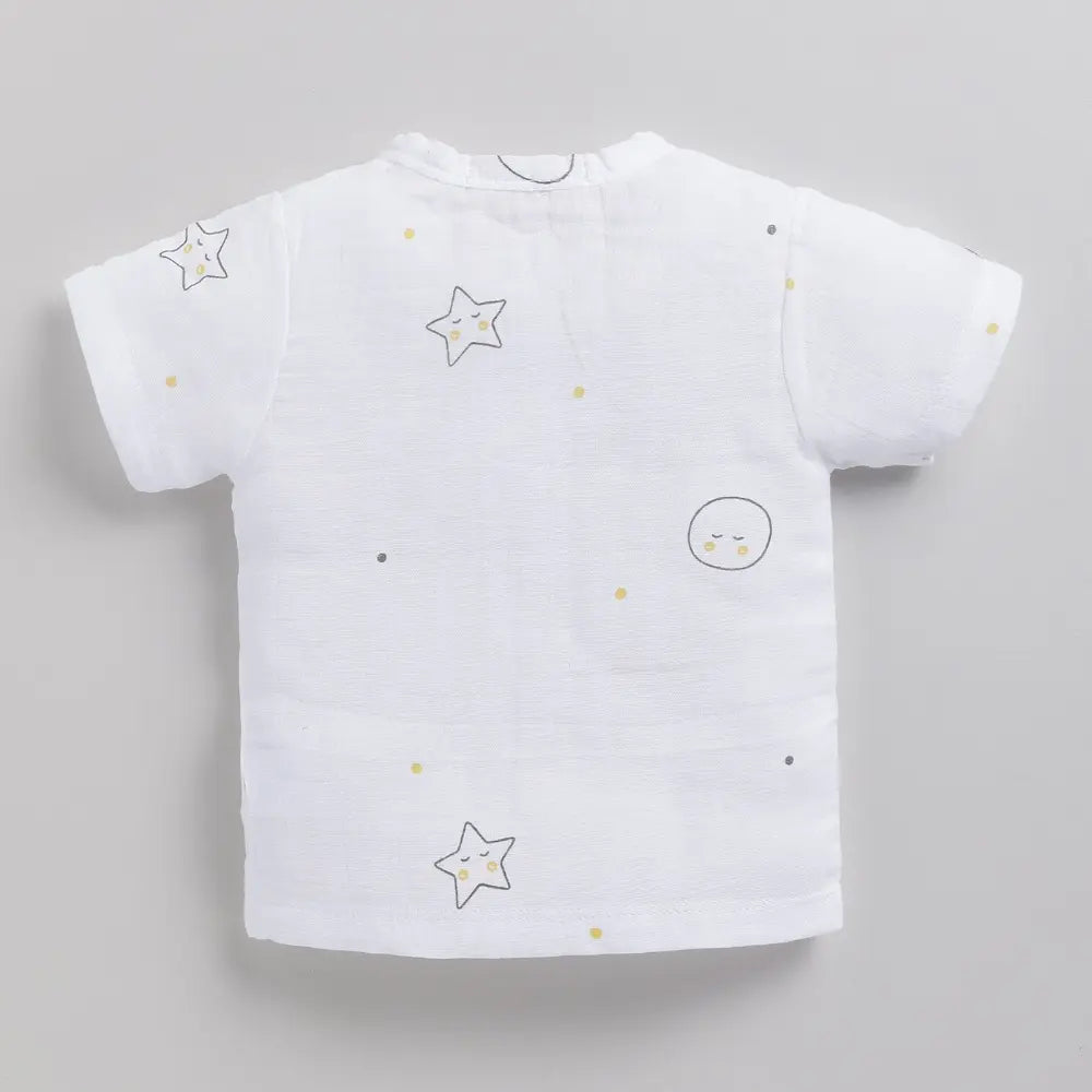 Cot &amp; Candy Baby Half Sleeve Organic Muslin Moon Print Jhabla Top-Yellow Moon