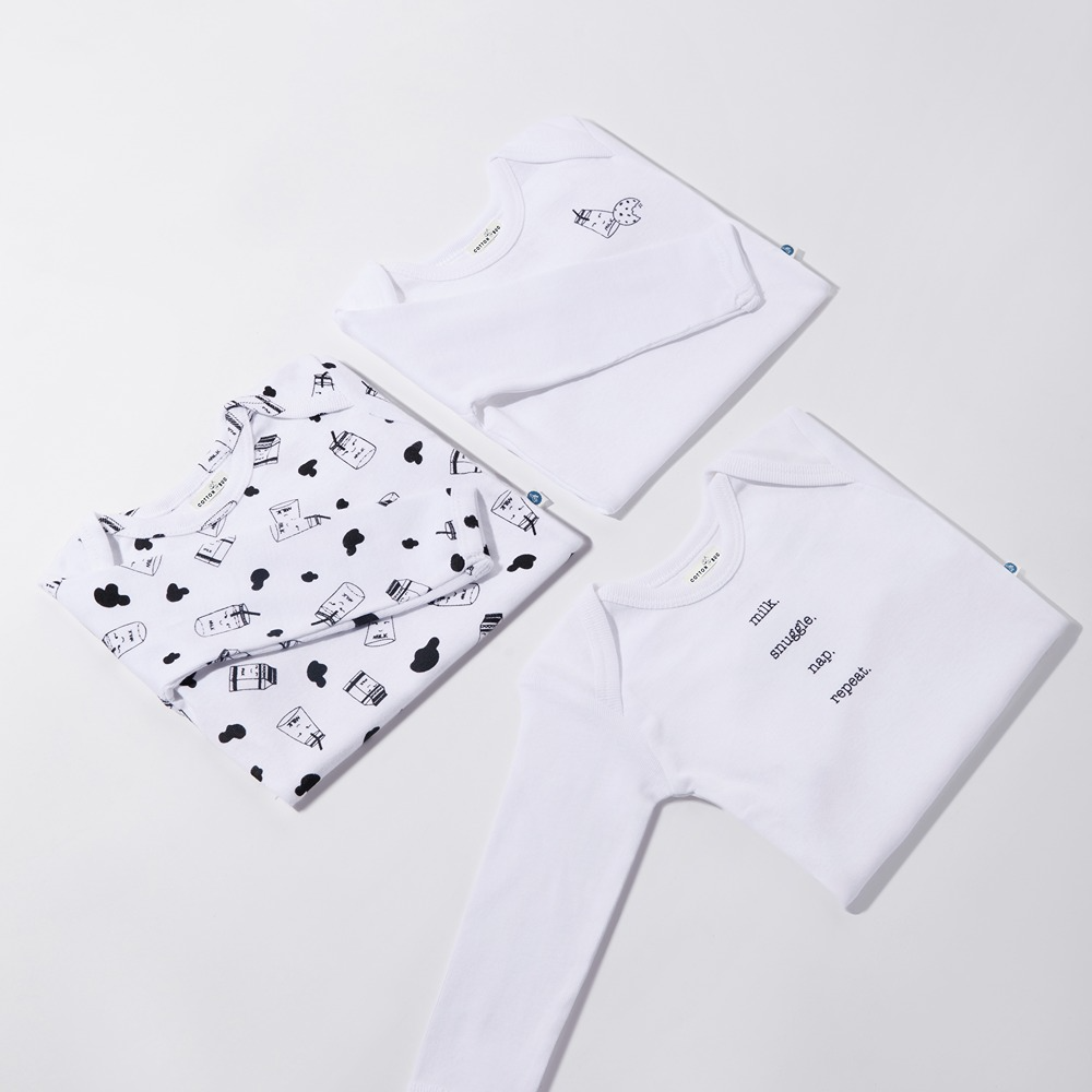 Cotton Bug Full Sleeves Romper - Set of 3 - Milk