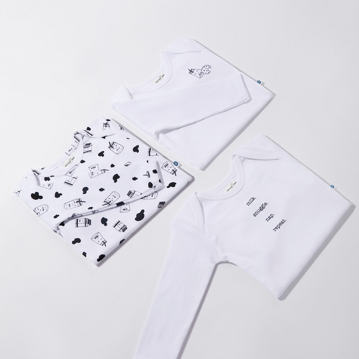 Cotton Bug Full Sleeves Romper - Set of 3 - Milk