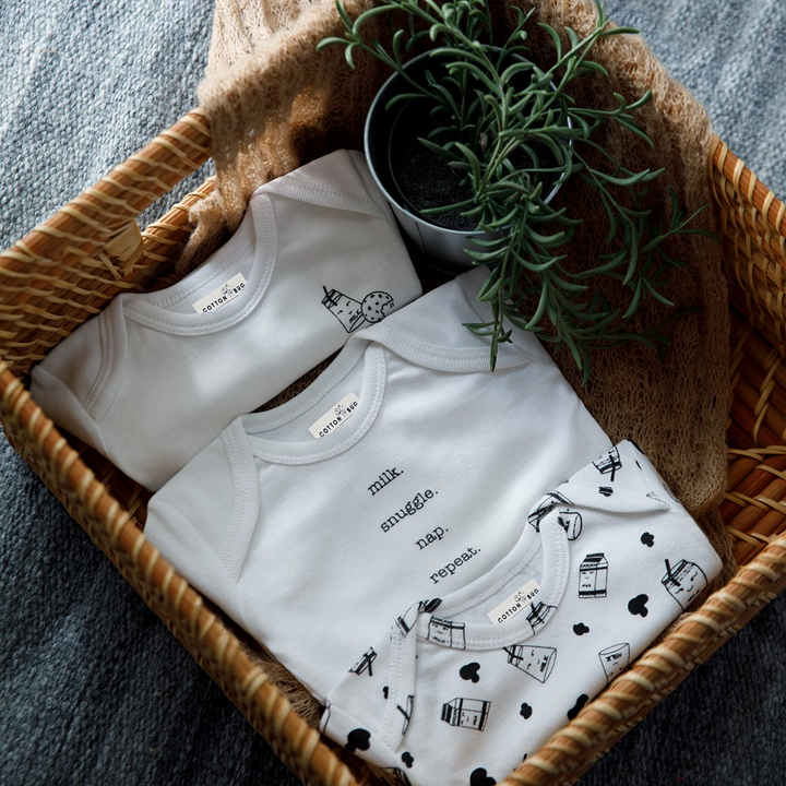 Cotton Bug Full Sleeves Romper - Set of 3 - Milk