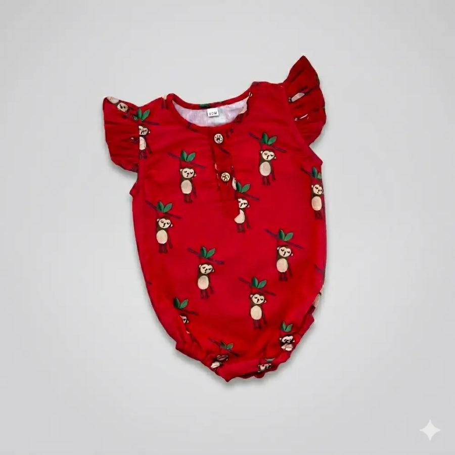 Bhaakur Organic Cotton Monkey Print Onesie - Red
