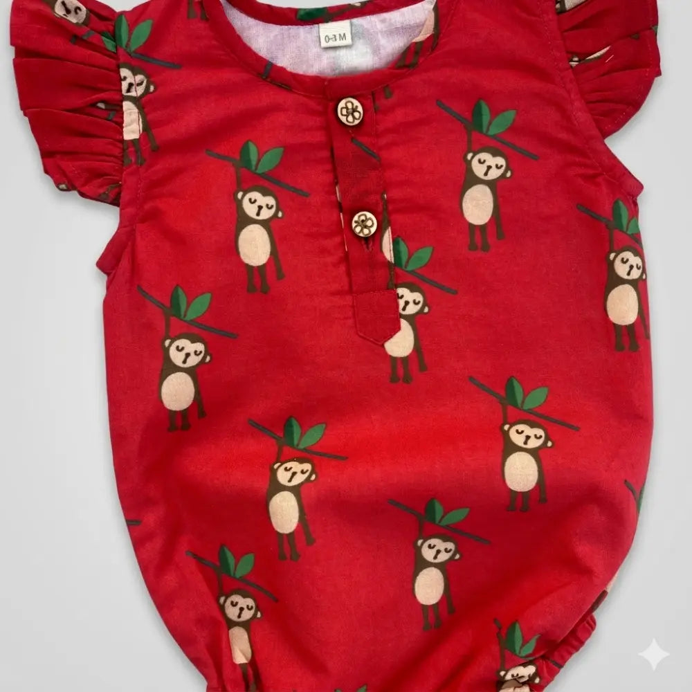 Bhaakur Organic Cotton Monkey Print Onesie - Red