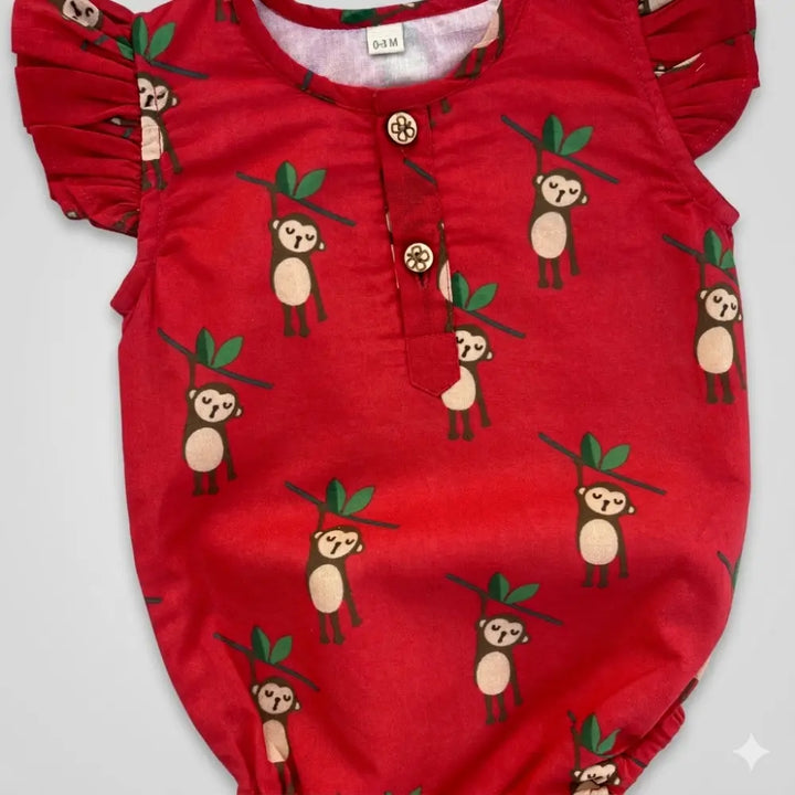 Bhaakur Organic Cotton Monkey Print Onesie - Red