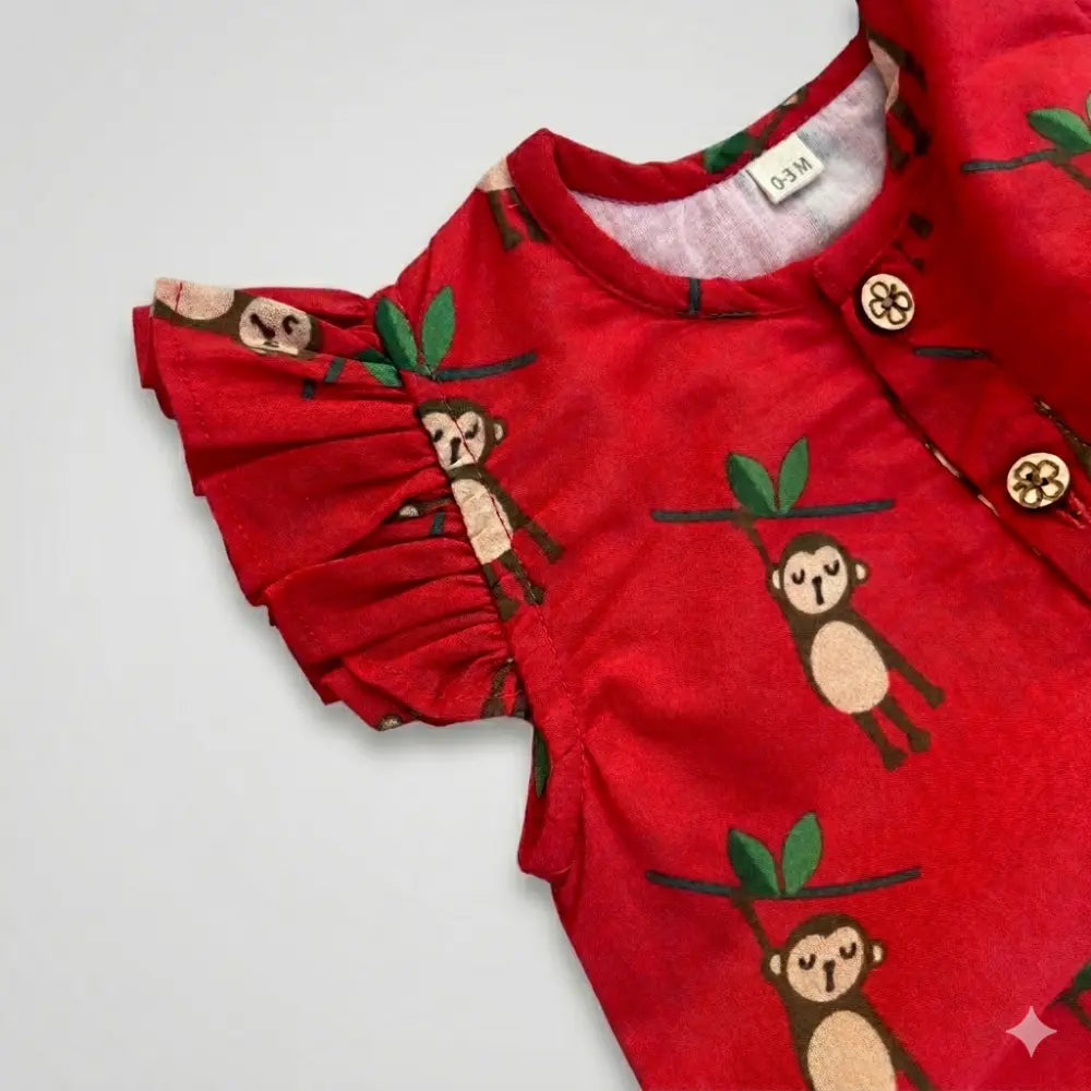 Bhaakur Organic Cotton Monkey Print Onesie - Red