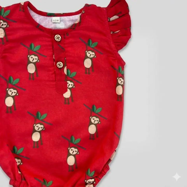 Bhaakur Organic Cotton Monkey Print Onesie - Red