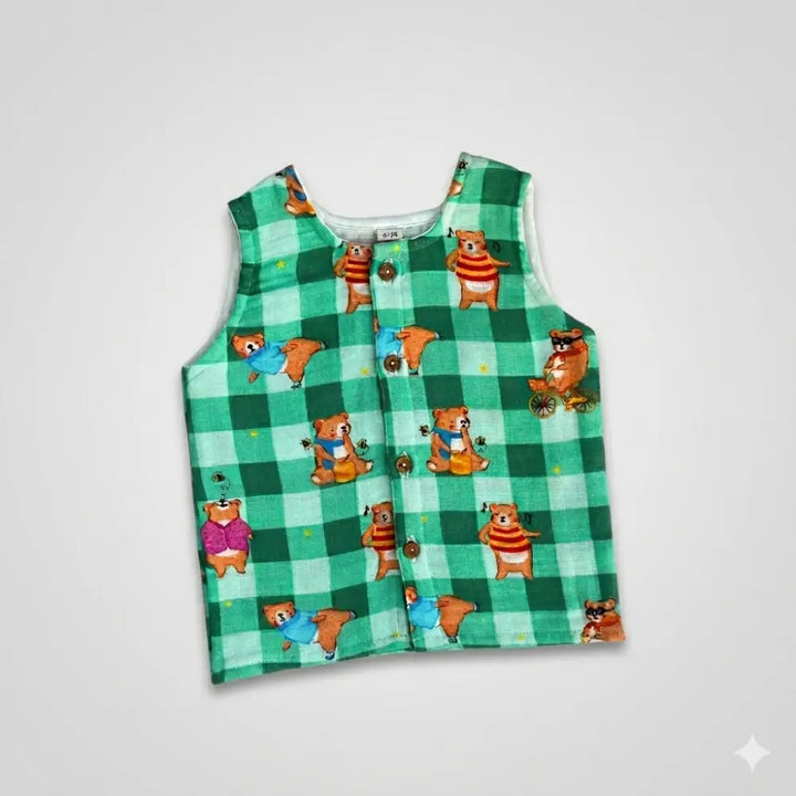 Bhaakur Bear Print Unisex Muslin Set - Green