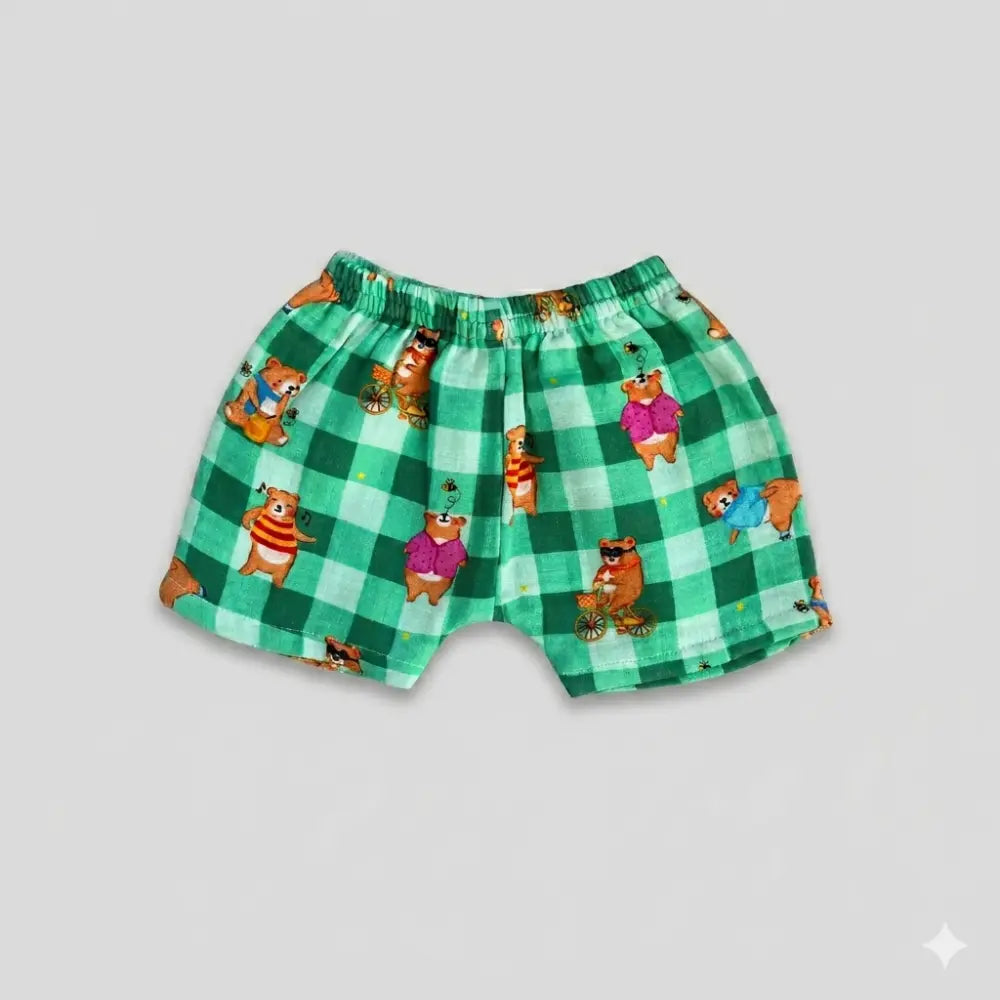 Bhaakur Bear Print Unisex Muslin Set - Green