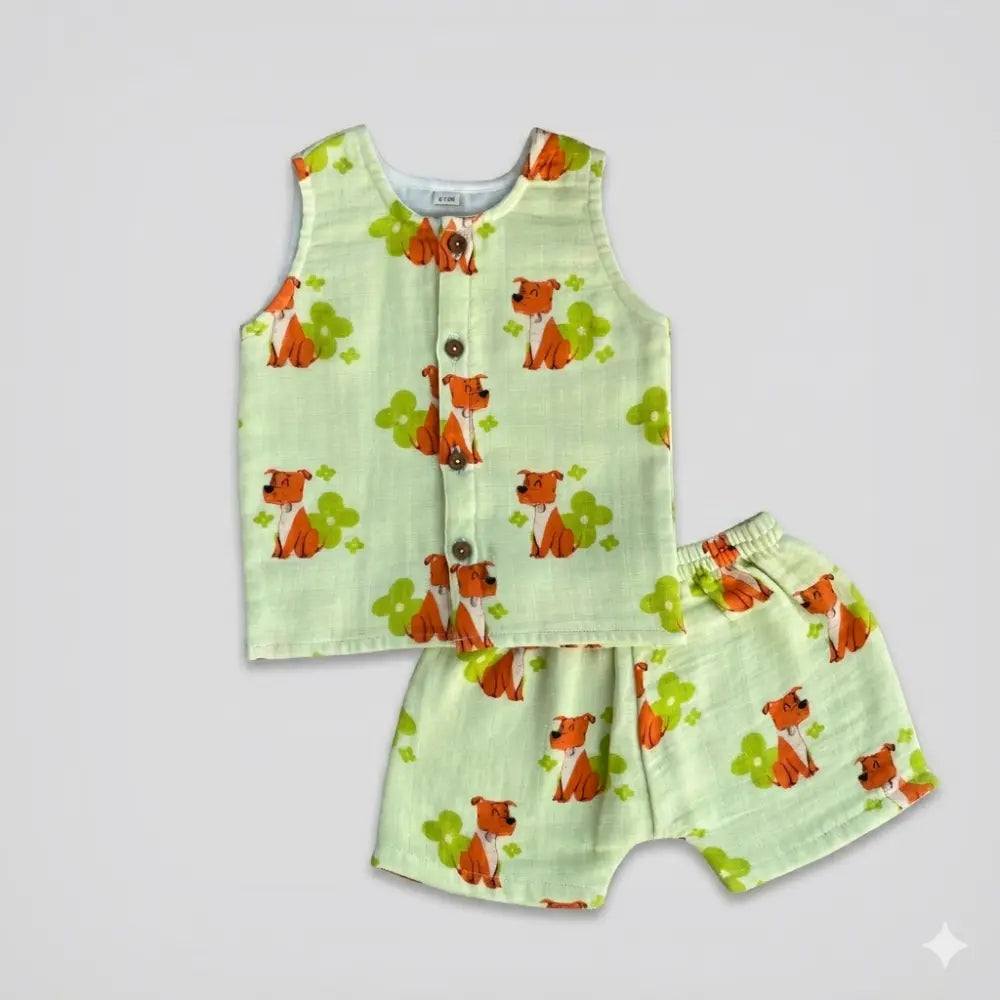 Bhaakur Dogs Print Unisex Muslin Set - Butter Yellow