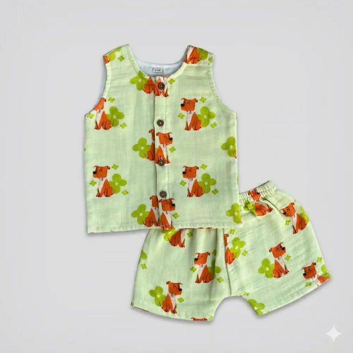 Bhaakur Dogs Print Unisex Muslin Set - Butter Yellow