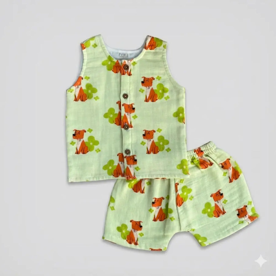 Bhaakur Dogs Print Unisex Muslin Set - Butter Yellow