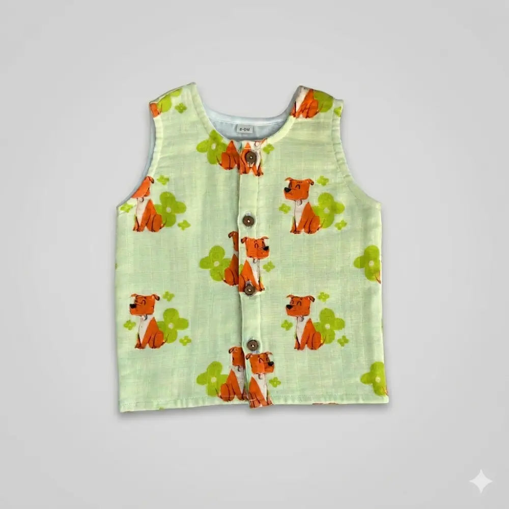 Bhaakur Dogs Print Unisex Muslin Set - Butter Yellow