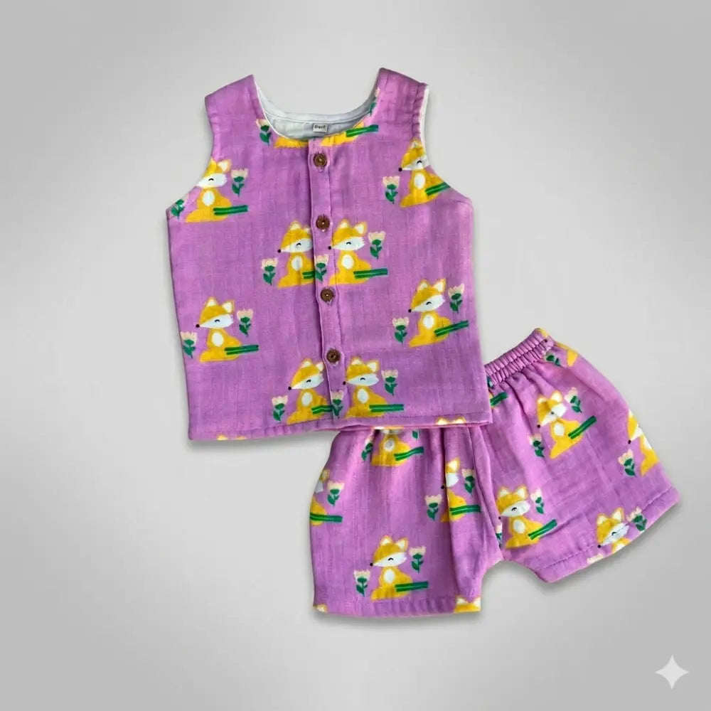 Bhaakur Fox Print Unisex Muslin Set - Purple