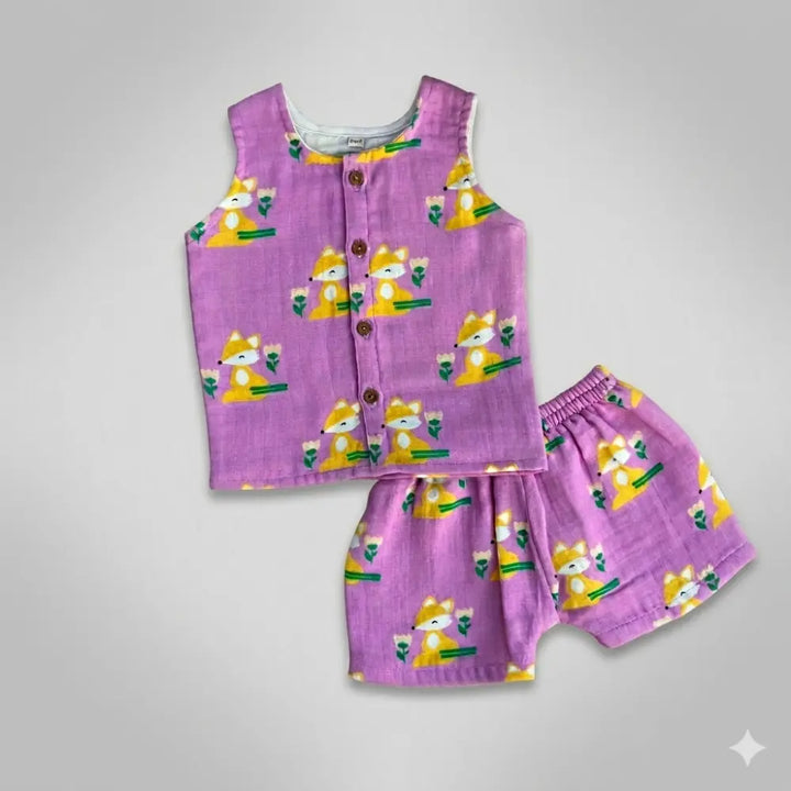 Bhaakur Fox Print Unisex Muslin Set - Purple