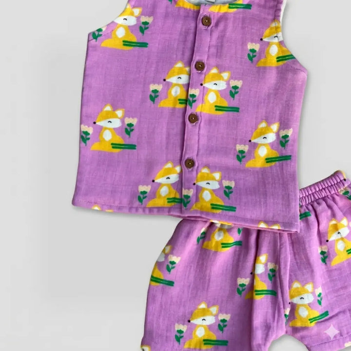 Bhaakur Fox Print Unisex Muslin Set - Purple