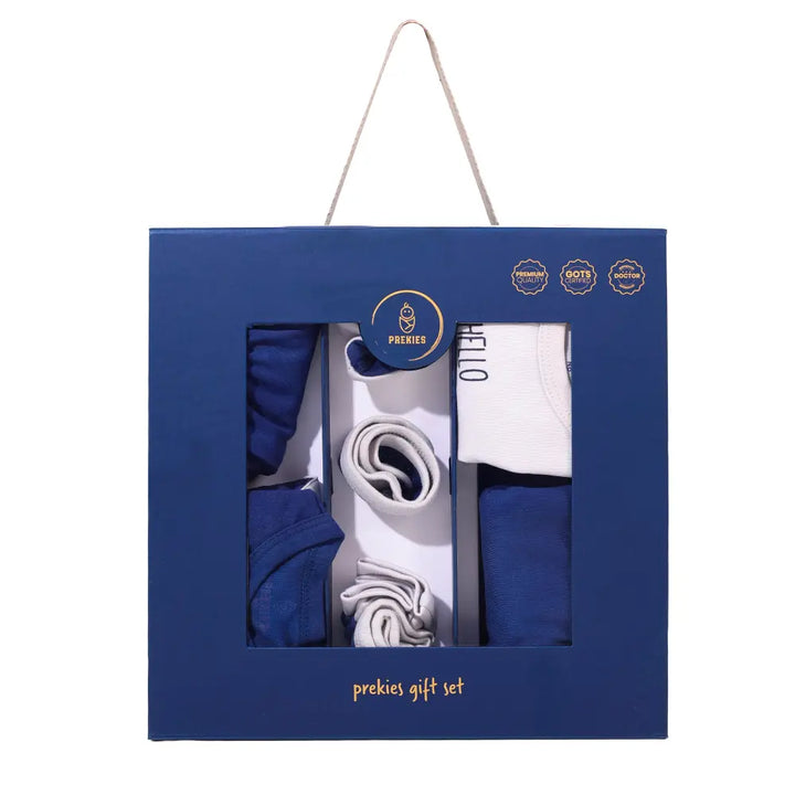 Prekies Newborn Baby Boy Essentials Gift Set - 10-Piece Hello World Print - Blue