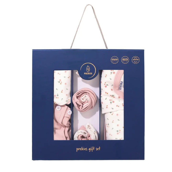 Prekies Newborn Baby Girl Essentials Gift Set - 10-Piece Flower Print - Baby Pink