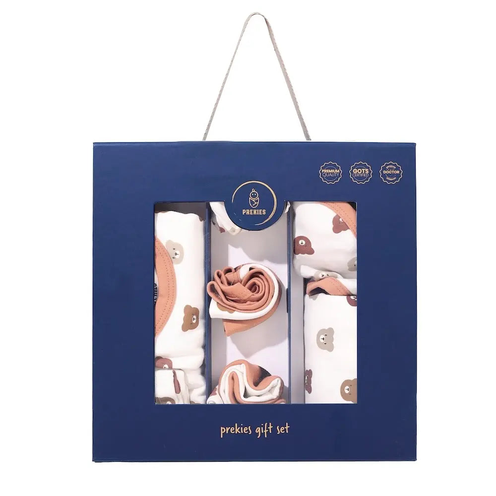 Prekies Newborn Baby Essentials Gift Set - 10-Piece Bear Print Set - Cream &amp; Beige