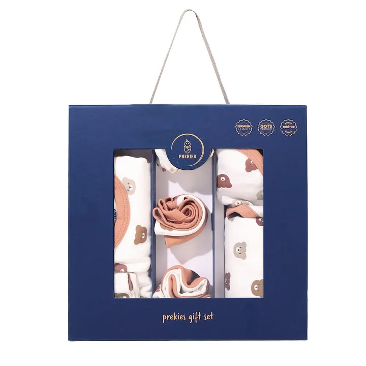 Prekies Newborn Baby Essentials Gift Set - 10-Piece Bear Print Set - Cream &amp; Beige