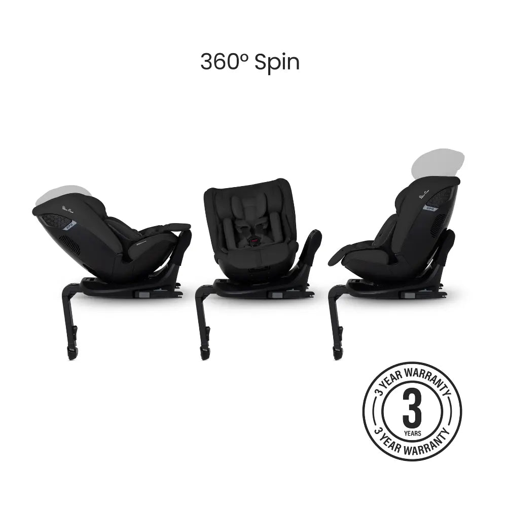 Silver Cross Motion 3 All Size 360° Baby Car Seat|Convertible Car Seat|AirTech Summer Removable &amp; Leakproof Liner|EasyFit Sprung Safety Harness|3 Position Recline|0 M+|Upto 12Y  -  Iconic Black
