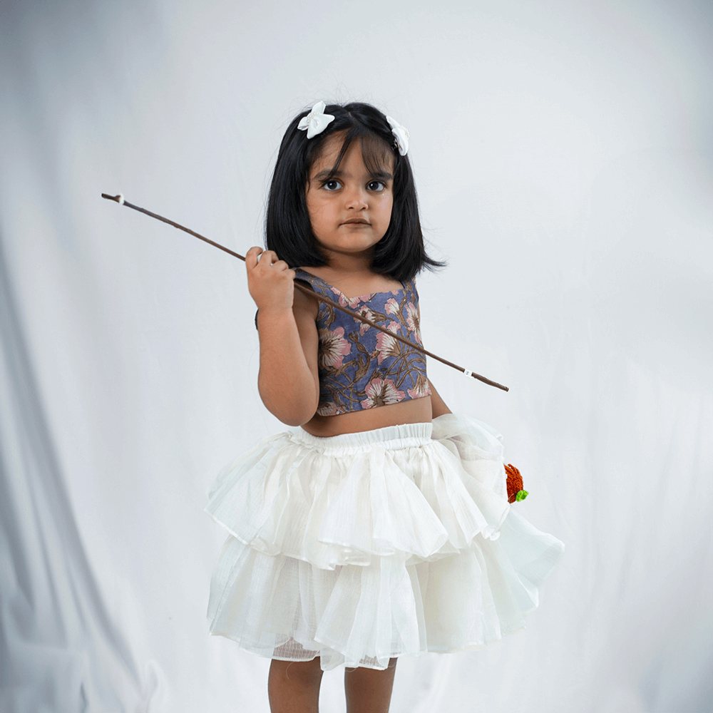 PureCloth.Co Kota Silk Tiered Skirt Model Top Set for Girls - Off-White / Grey