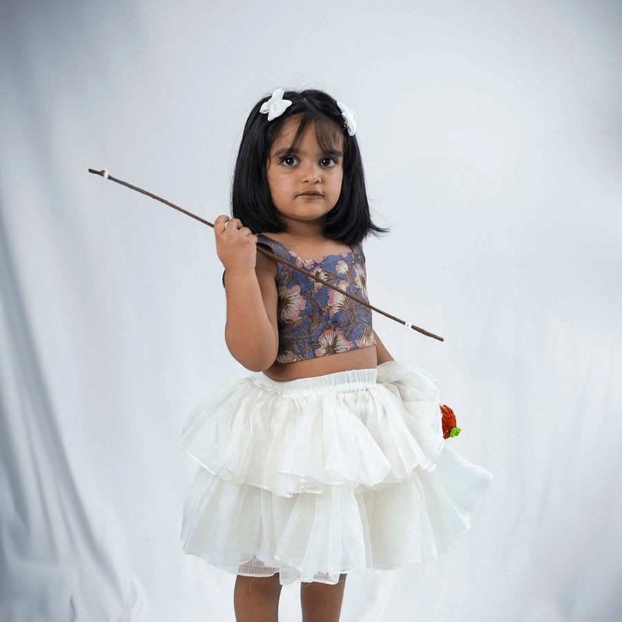 PureCloth.Co Kota Silk Tiered Skirt Model Top Set for Girls - Off-White / Grey
