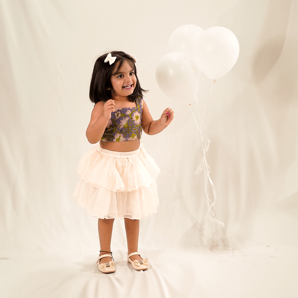 PureCloth.Co Kota Silk Tiered Skirt Model Top Set for Girls - Off-White / Grey