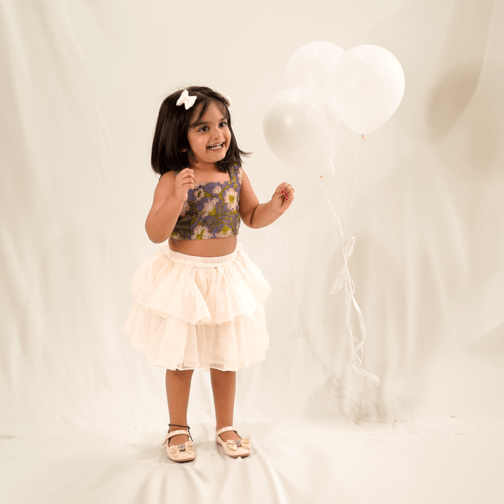 PureCloth.Co Kota Silk Tiered Skirt Model Top Set for Girls - Off-White / Grey