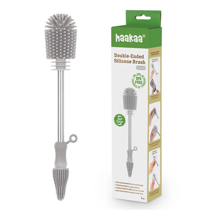 Haakaa Double-Ended Silicone Brush – Dual-Sided Cleaning for Bottles &amp; Teats – Suva Grey
