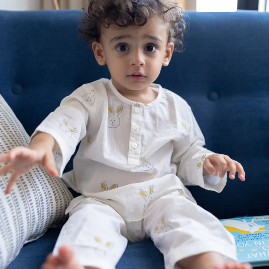 Dulaar Mulmul Nightwear Set | Hand-Block Printed - Little Hoppers (Blue)