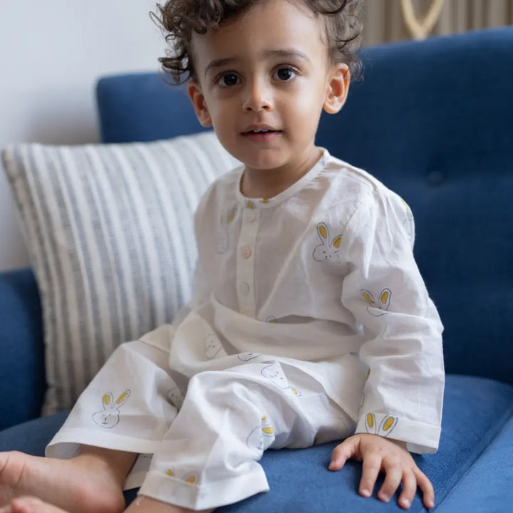 Dulaar Mulmul Nightwear Set | Hand-Block Printed - Little Hoppers (Blue)