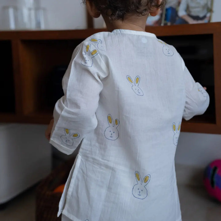 Dulaar Mulmul Nightwear Set | Hand-Block Printed - Little Hoppers (Blue)