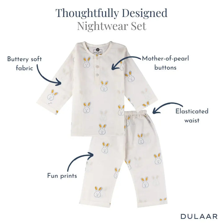 Dulaar Mulmul Nightwear Set | Hand-Block Printed - Little Hoppers (Blue)