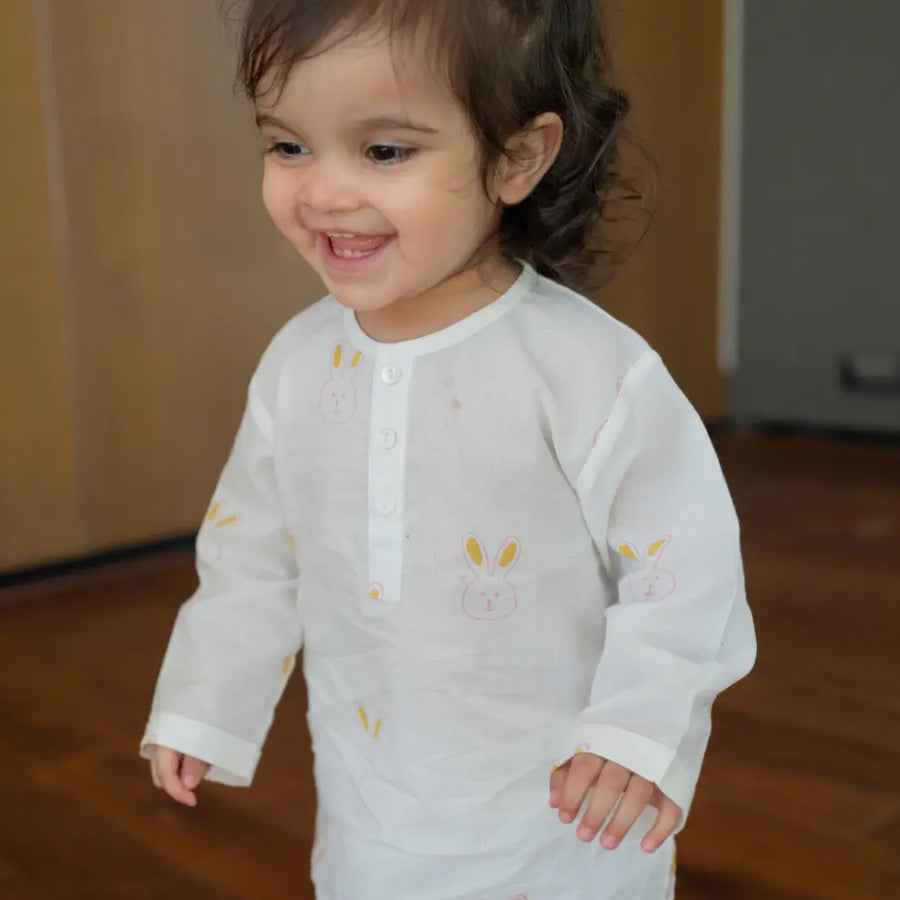 Dulaar Mulmul Nightwear Set | Hand-Block Printed - Little Hoppers (Pink)
