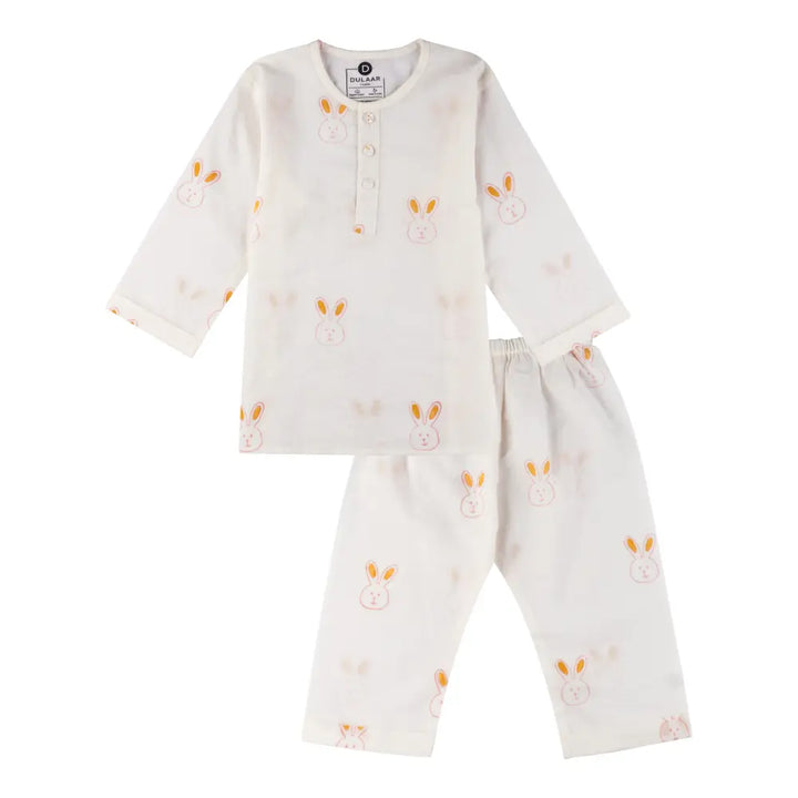 Dulaar Mulmul Nightwear Set | Hand-Block Printed - Little Hoppers (Pink)