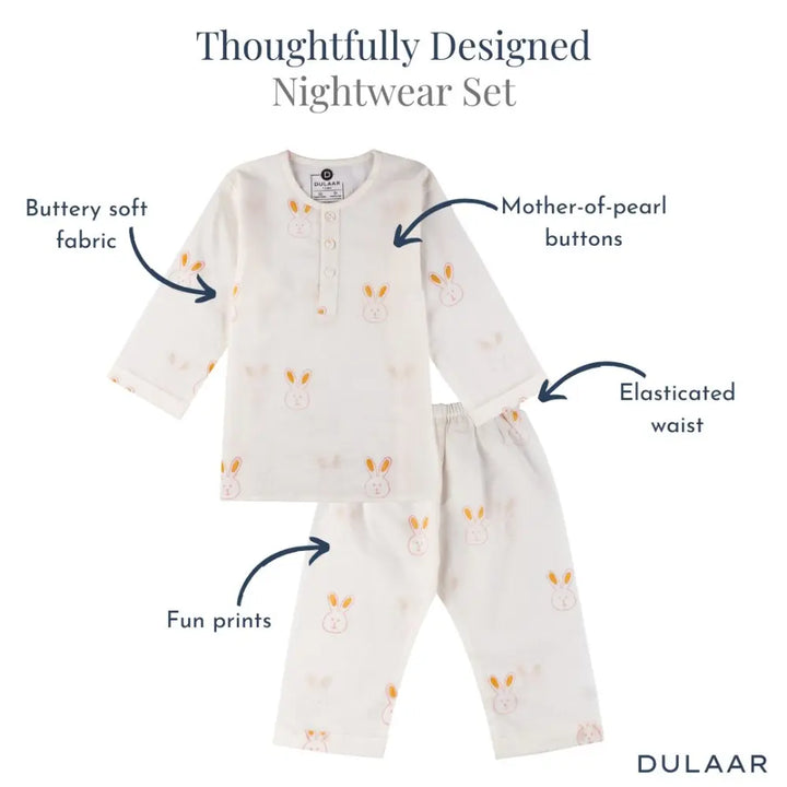 Dulaar Mulmul Nightwear Set | Hand-Block Printed - Little Hoppers (Pink)