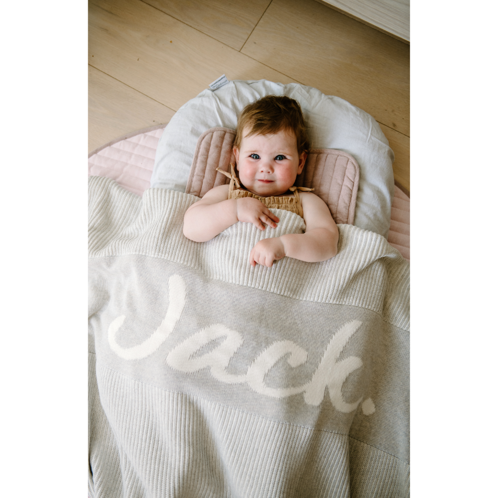 NamelyCo Luxe Rib Name Blanket - Oatmeal &amp; Snow Marle