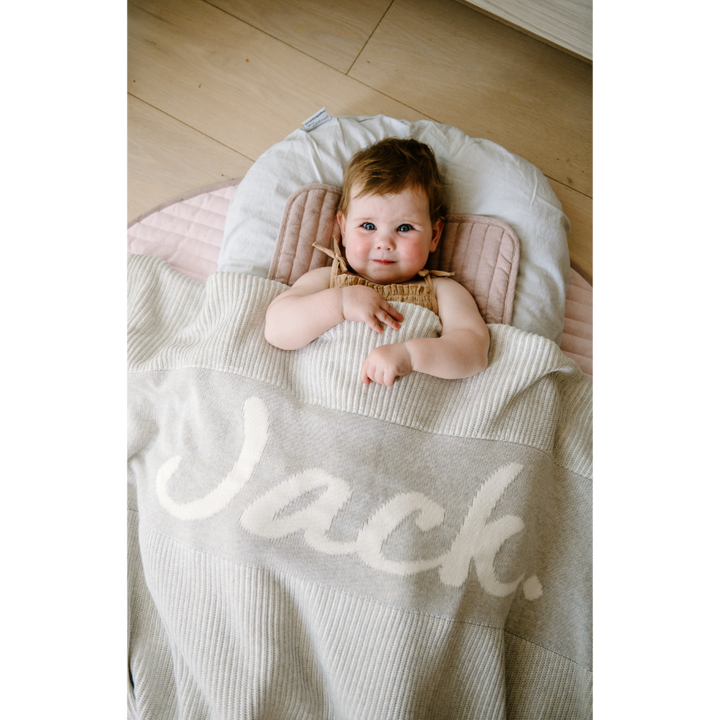 NamelyCo Luxe Rib Name Blanket - Oatmeal &amp; Snow Marle