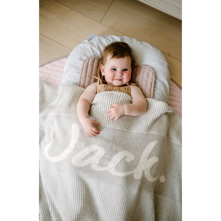 NamelyCo Luxe Rib Name Blanket - Oatmeal &amp; Snow Marle