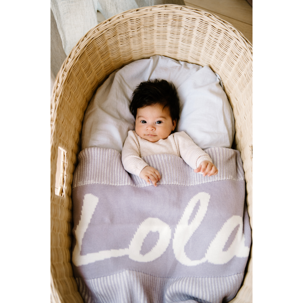 NamelyCo Luxe Rib Name Blanket - Ivory &amp; Dusty Purple